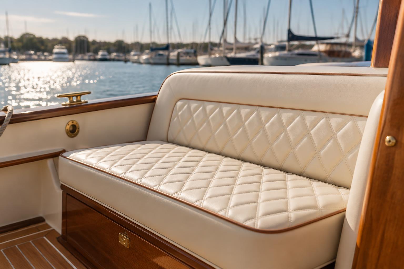 Cream marine vinyl boat bench seat with diamond quilting and piping