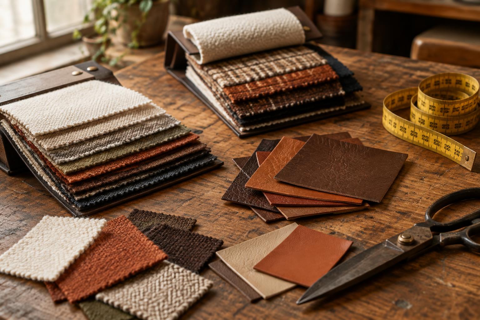 Fabric swatches, shears and a tape measure laid out on the workbench