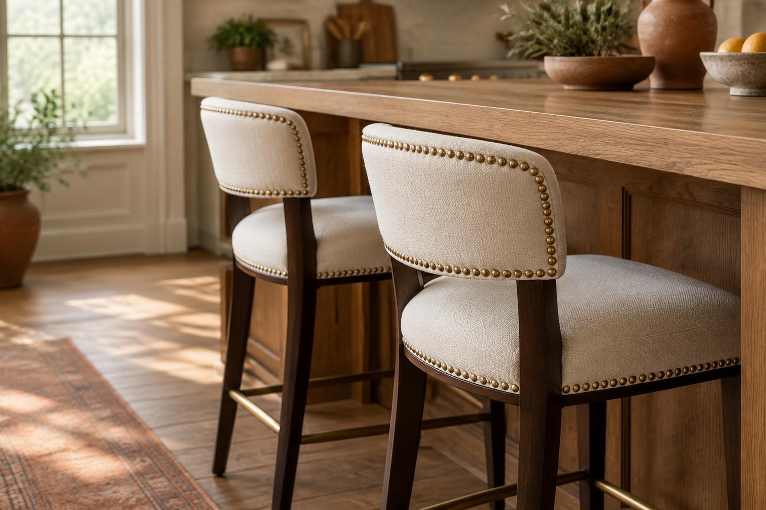 Two upholstered bar stools with brass nailhead trim